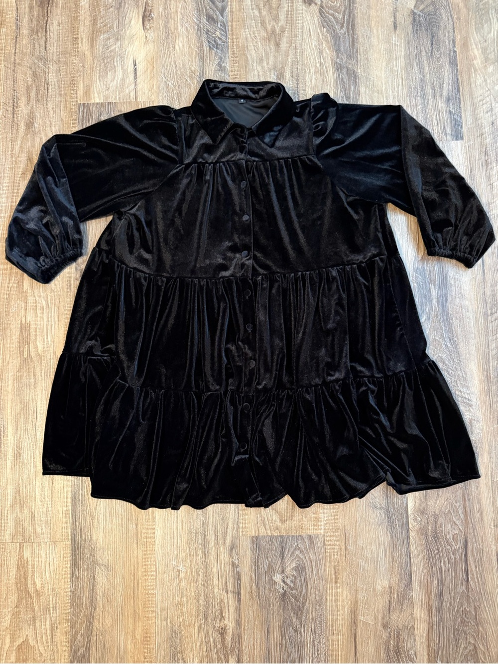 Black Velvet Tiered Button-Front  Dress